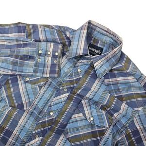 Vtg Wrangler Western Shirt Men's 15 1/2 X "33" Blue Plaid Pearl Snap LS Workwear